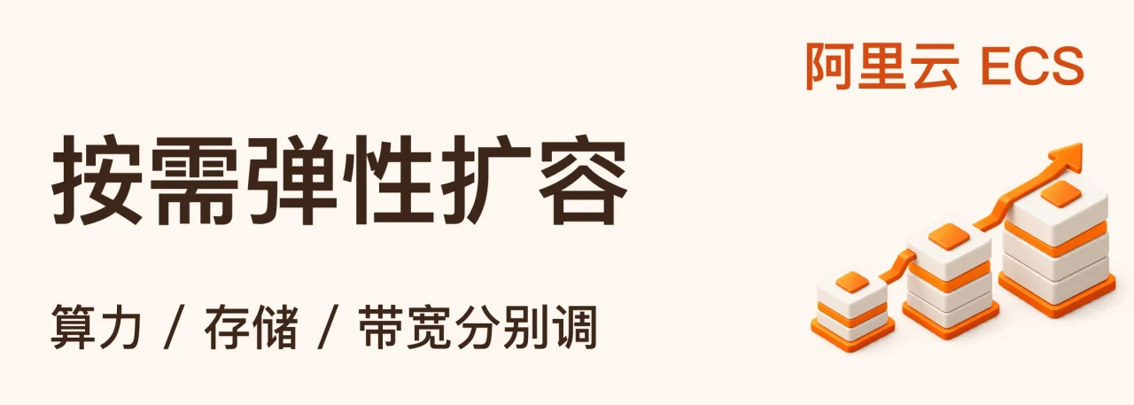 阿里云 ECS；按需弹性扩容；算力 / 存储 / 带宽分别调