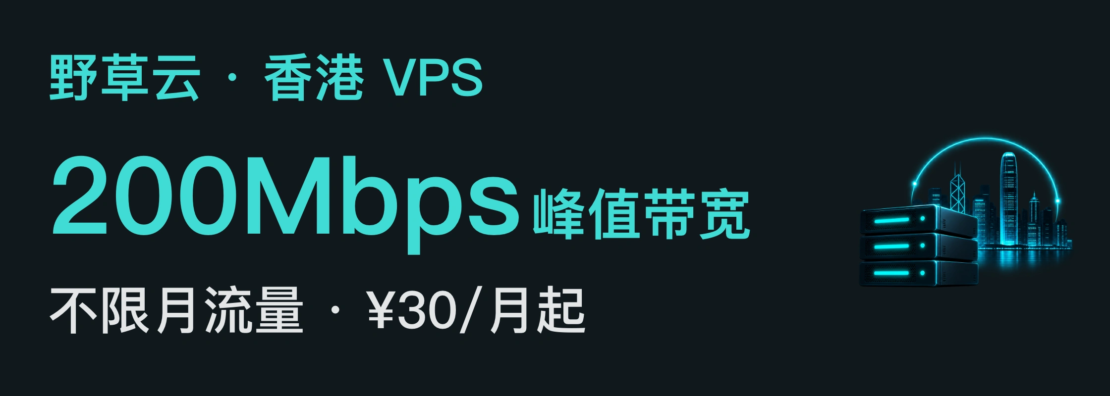 野草云 · 香港 VPS · 200Mbps · 峰值带宽 · 不限月流量 · ¥30/月起